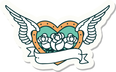 Geleneksel bir dövme stili. Uçan kalp. Çiçekler ve bir insan tarafından çizilmiş bayrak.