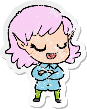 Bir insan tarafından çizilmiş mutlu bir elf kızının sıkıntılı çıkartması.