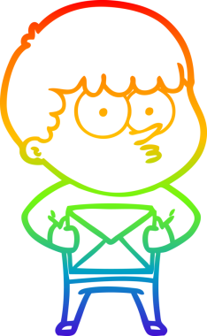 Gökkuşağı gradyan çizgi çizimi Bir insan tarafından çizilmiş bir hediye taşıyan meraklı çocuk