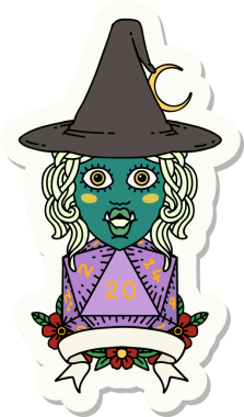 Bir insan tarafından çizilmiş doğal 20 zarlı yarım ork cadı karakterinin çıkartması.