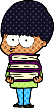 Bir insan tarafından çizilmiş kitapları taşıyan sinirli çizgi film çocuğu.