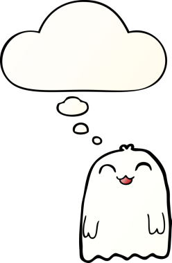 Bir insan tarafından çizilmiş yumuşak eğimli düşünce baloncuklu çizgi film hayaleti.