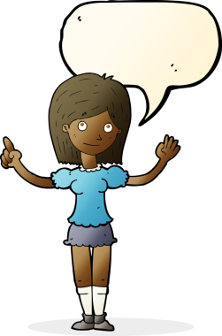 Bir insan tarafından çizilmiş konuşma balonuyla fikri açıklayan çizgi film kadını.