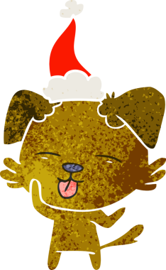 Bir insan tarafından çizilmiş Noel Baba şapkası takan bir köpeğin el çizimi karikatürü.