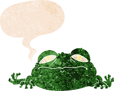 grunge 'da konuşma baloncuğu olan çirkin bir kurbağa insan tarafından çizilmiş desenli bir karikatür.