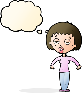 Bir insan tarafından çizilmiş düşünce baloncuğuyla omuz silken çizgi film kadını.