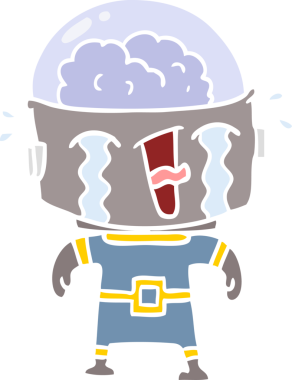 Bir insan tarafından çizilmiş düz renkli karikatür ağlayan robot.