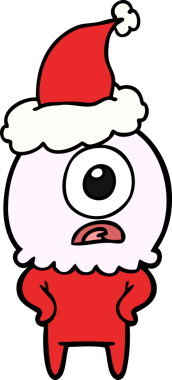 Bir insan tarafından çizilmiş Noel Baba şapkası giyen bir Tepegöz uzaylı uzay adamı çizimi.