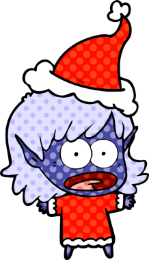 Bir insan tarafından çizilmiş Noel Baba şapkası giyen şok olmuş bir elf kızının el çizimi çizgi roman tasviri.