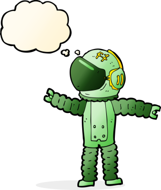Karikatür astronotu bir insan tarafından çizilmiş düşünce baloncuğuyla uzanıyor.