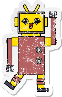 Bir insan tarafından çizilmiş sevimli bir robot çizgi film çıkartması.