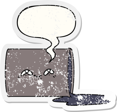 Konuşma baloncuğu olan karikatür yağı varili bir insan tarafından çizilmiş sıkıntılı eski bir çıkartma