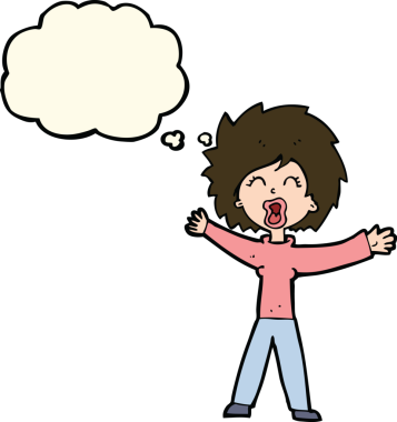 Bir insan tarafından çizilmiş düşünce balonuyla bağıran çizgi film kadını.