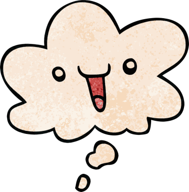 Bir insan tarafından çizilmiş grunge doku tarzında düşünce baloncuğu olan sevimli mutlu çizgi film yüzü.