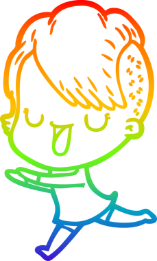 Gökkuşağı gradyan çizimi. Hipster saç kesimi bir insan tarafından çizilmiş şirin bir çizgi film kızı.