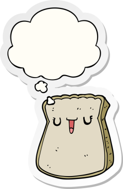 Düşünce baloncuklu bir ekmek dilimi insan tarafından çizilmiş bir çıkartma gibi.