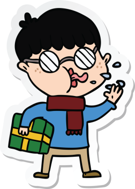 Bir insan tarafından çizilmiş noel hediyeli gözlük takan çizgi film çocuğunun çıkartması.