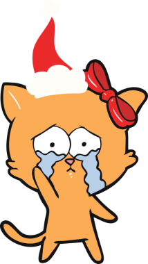 Bir insan tarafından çizilmiş Noel Baba şapkası takan bir kedinin düz renk çizimi.