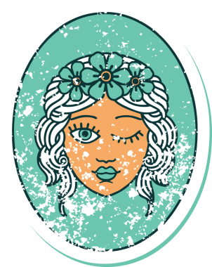 İkonik sıkıntılı dövme stili. Çiçekten taç takmış bir kız resmi. Bir insan tarafından çizilmiş.