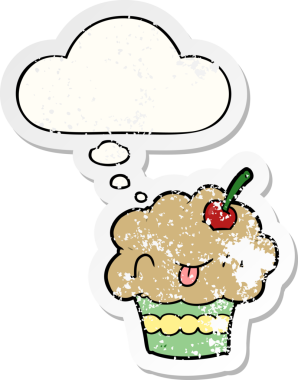 Düşünce baloncuklu çizgi film keki bir insan tarafından çizilmiş yıpranmış bir çıkartma.