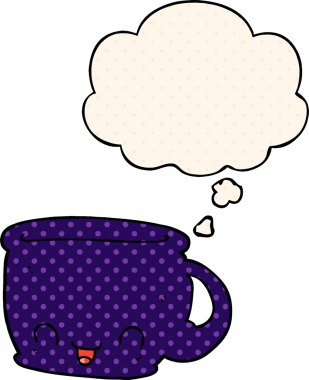 Bir insan tarafından çizilmiş, düşünce baloncuklu çizgi roman tarzı bir kahve.