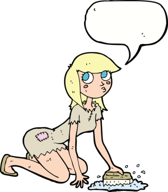 Çizgi film Cinderella bir insan tarafından çizilmiş konuşma balonuyla yerleri ovalıyor.