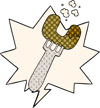 Çizgi roman tarzında bir insan tarafından çizilmiş, çatallı sosis ve konuşma balonu.