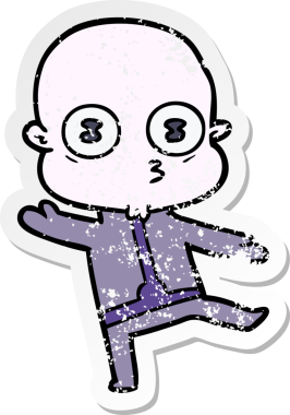 Bir insan tarafından çizilmiş garip, kel bir uzay adamının sıkıntılı çıkartması.