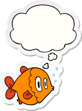 Düşünce baloncuklu karikatür balığı insan tarafından çizilmiş bir çıkartma.