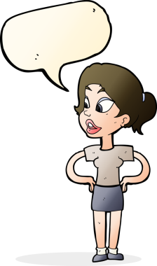 Bir insan tarafından çizilmiş konuşma balonlu elleri olan çizgi film kadını.