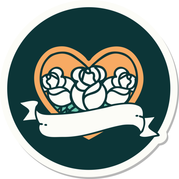 Geleneksel kalp stili dövme çıkartması ve bir insan tarafından çizilmiş çiçekli pankart.