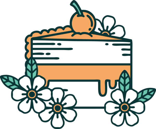 Bir dilim pasta ve bir insanın çizdiği çiçeklerin ikonik dövme şekli.