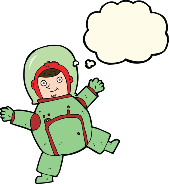 Bir insan tarafından çizilmiş düşünce baloncuklu astronot.