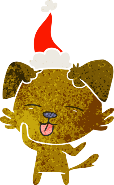 Bir insan tarafından çizilmiş Noel Baba şapkası takan bir köpeğin el çizimi karikatürü.