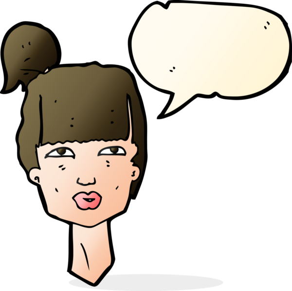 Bir insan tarafından çizilmiş konuşma balonlu bir kadın kafası.