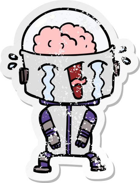 Bir insan tarafından çizilmiş, karikatür ağlayan robot çıkartması.