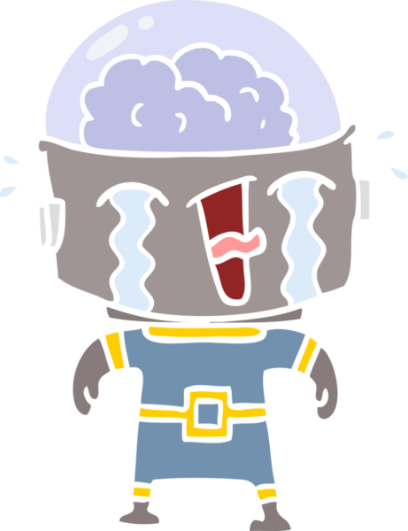 Bir insan tarafından çizilmiş düz renkli karikatür ağlayan robot.