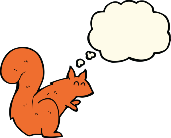 Bir insan tarafından çizilmiş düşünce baloncuklu kırmızı sincap.