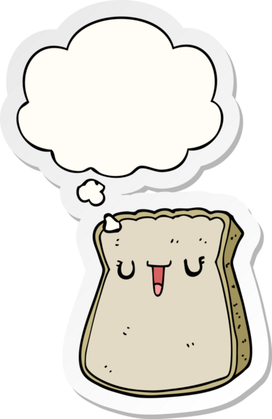 Düşünce baloncuklu bir ekmek dilimi insan tarafından çizilmiş bir çıkartma gibi.