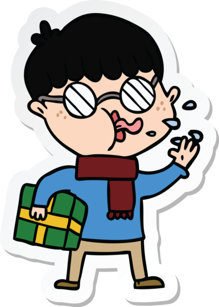 Bir insan tarafından çizilmiş noel hediyeli gözlük takan çizgi film çocuğunun çıkartması.