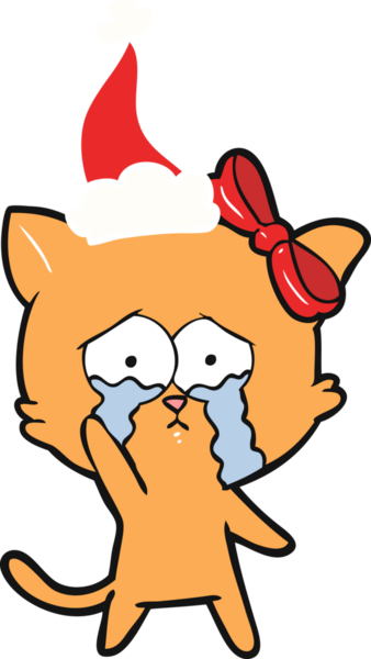 Bir insan tarafından çizilmiş Noel Baba şapkası takan bir kedinin düz renk çizimi.