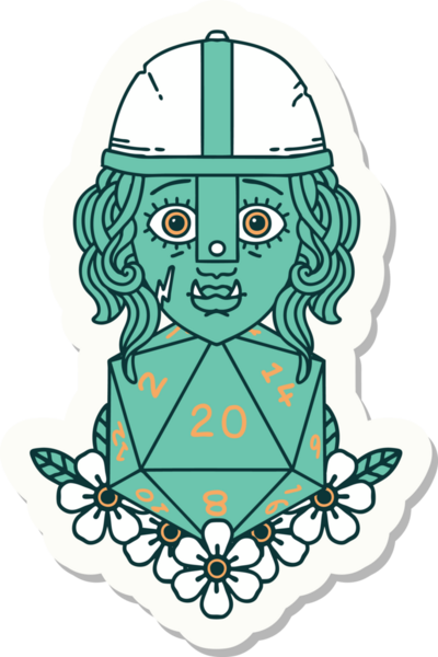 Bir insan tarafından çizilmiş 20 zarlı yarı ork savaşçı karakterinin çıkartması.