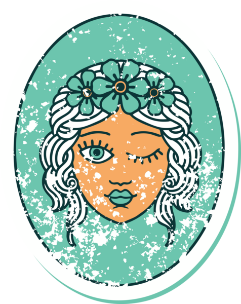 İkonik sıkıntılı dövme stili. Çiçekten taç takmış bir kız resmi. Bir insan tarafından çizilmiş.