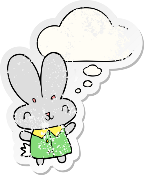 Sevimli çizgi film üzerinde düşünce kabarcığı olan küçük tavşan insan tarafından çizilmiş yıpranmış bir çıkartma.