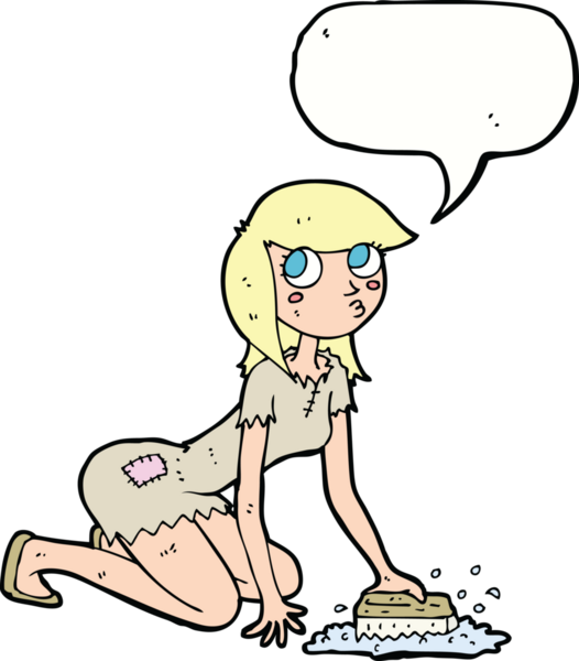 Çizgi film Cinderella bir insan tarafından çizilmiş konuşma balonuyla yerleri ovalıyor.