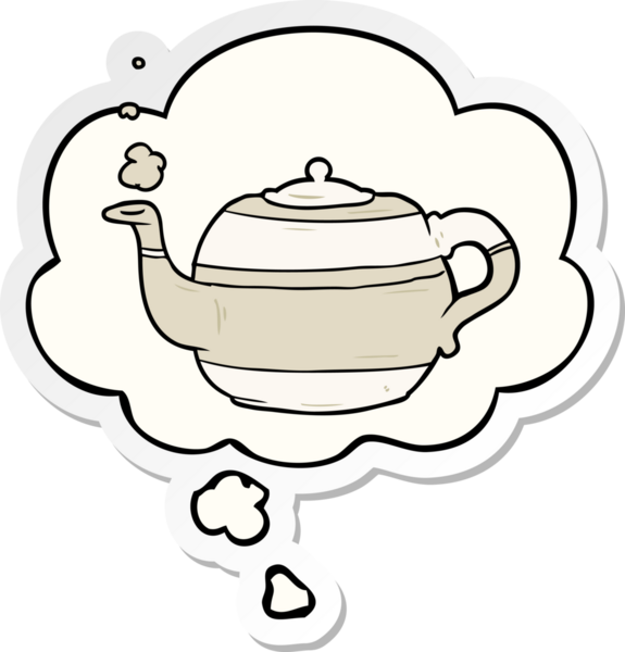 Düşünce baloncuklu karikatür çaydanlığı insan tarafından çizilmiş bir çıkartma.