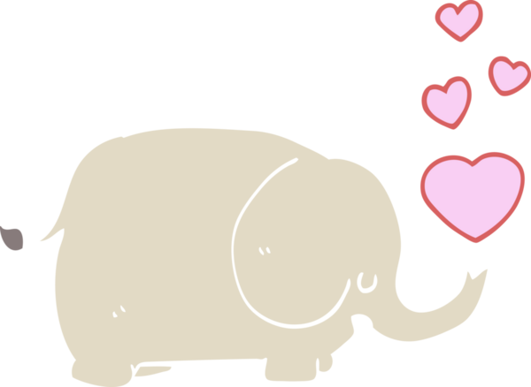 Sevgi dolu kalpleri bir insan tarafından çizilmiş şirin düz renkli çizgi film fili.