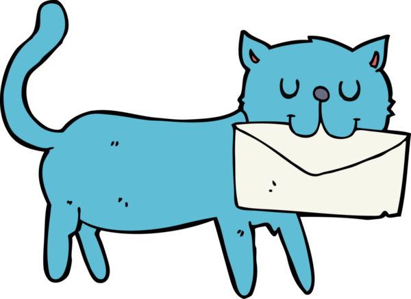 Bir insan tarafından çizilmiş bir mektup taşıyan çizgi film kedisi.