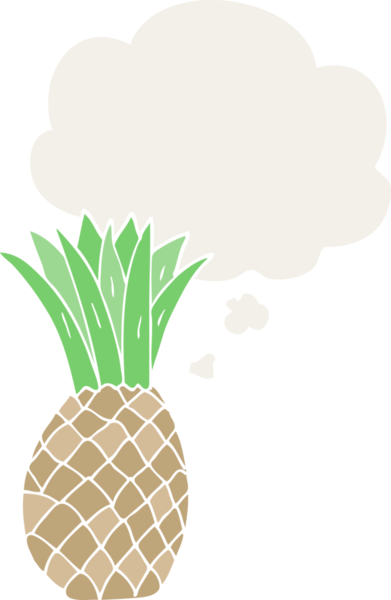 Düşünce baloncuğu olan çizgi film ananasları insan tarafından çizilmiş.