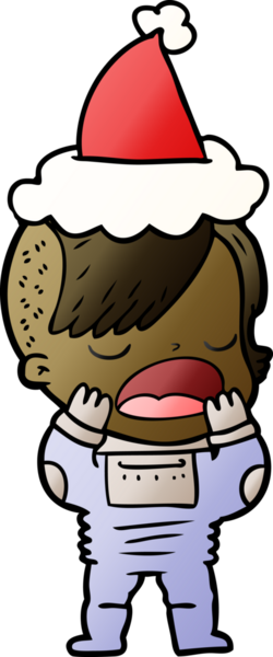 Uzay elbisesi giymiş, Noel Baba şapkası takan havalı bir kızın el çizimi karikatürü.